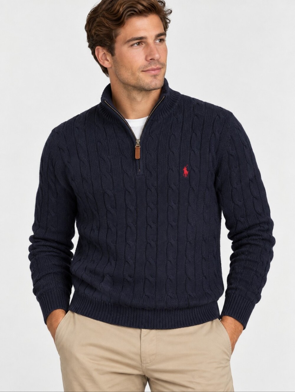 Polo Ralph Lauren Cable Knit Quarter Zip Sweater Men's L Navy Red Pony